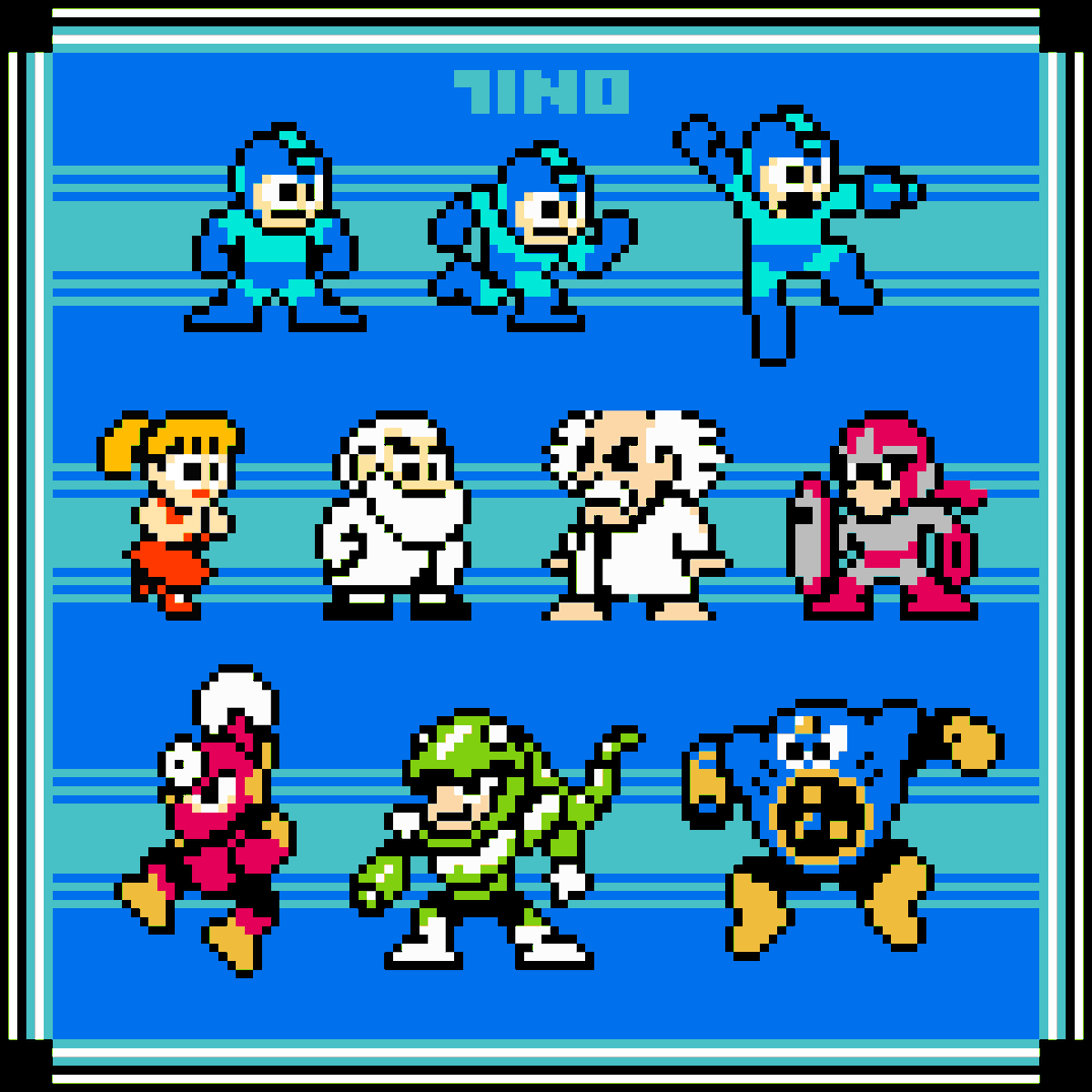 tinomadethat's tweet photo. Mega Man Redrawn

Switched some colors and gave Dr. Light/Wily an extra shade. Besides that I stuck to the same 8x8 tile restrictions as the originals (albeit moving some around).

Thanks to Mister Mike for the sprite rips!
#pixelart #aseprite #ドット絵 https://t.co/licjxdLqSj