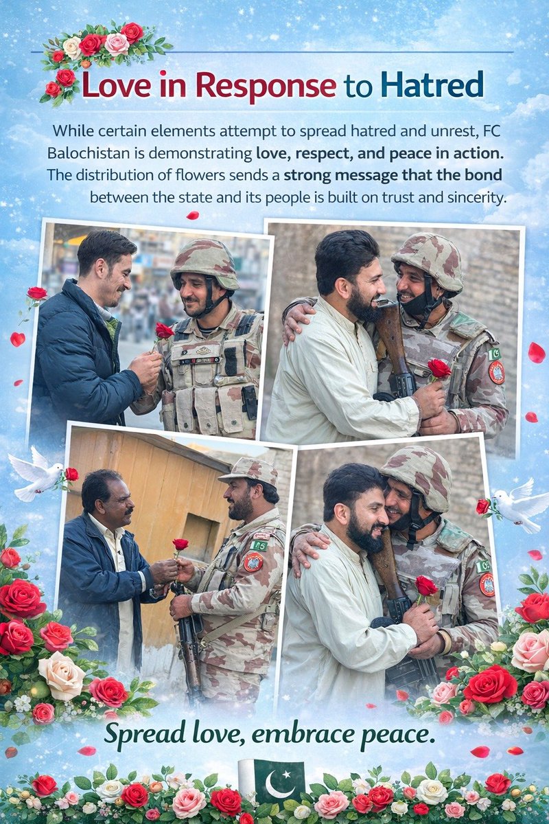 balachbaloch001's tweet image. Love in Response to Hatred
While certain elements attempt to spread hatred and unrest, FC Balochistan is demonstrating love, respect, and peace in action. 

#PeaceInBalochistan #FCBalochistan #MessageOfPeace #UnityAndHarmony #ServingThePeople #StrongerTogether