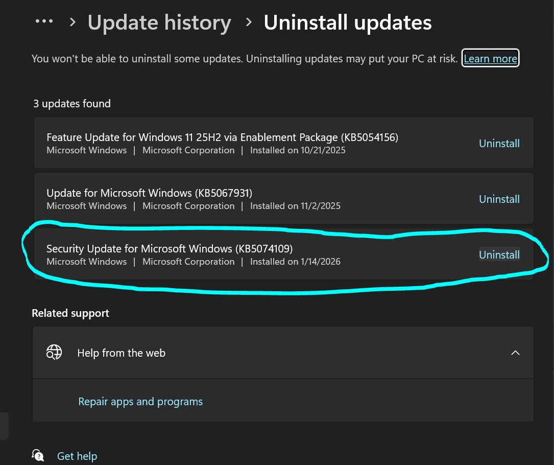🚨 FPS WARNING 🚨

NVIDIA users on Windows 11 — the KB5074109 update is causing:

❌ 15–20% FPS loss
❌ Persistent stuttering

Roll it back ASAP.

In Search “Uninstall Updates” → Find KB5074109 → Uninstall → Restart.

Restore the frames.