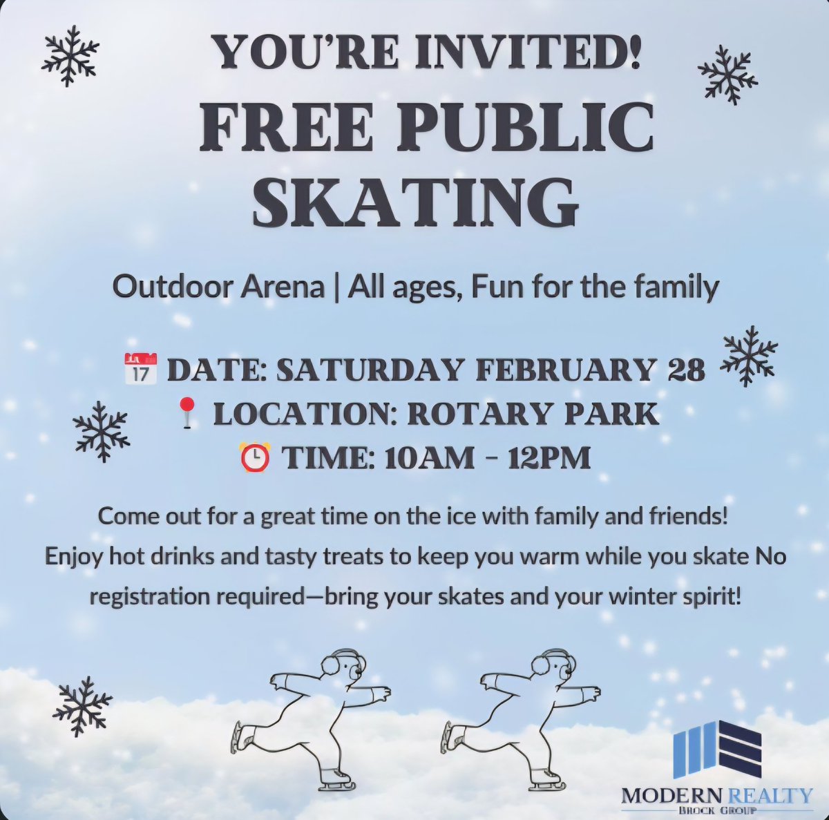Looking for an outdoor activity for you and your friends/family?? Mark Feb 28, 2026 10am-12pm in your calendar! My brokerage is hosting a free skate! Come have some fun!
<a href="/ModernBrock/">Modern Brock Group Realty</a>