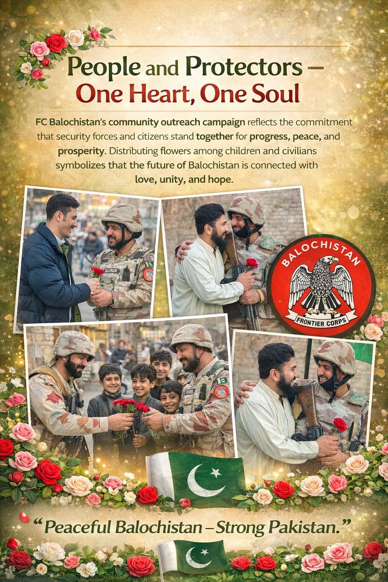 balachbaloch001's tweet image. People and Protectors One Heart, One Soul
FC Balochistan’s community outreach campaign reflects the commitment that security forces and citizens stand together for progress

#PeaceInBalochistan #FCBalochistan #MessageOfPeace #UnityAndHarmony #ServingThePeople #StrongerTogether