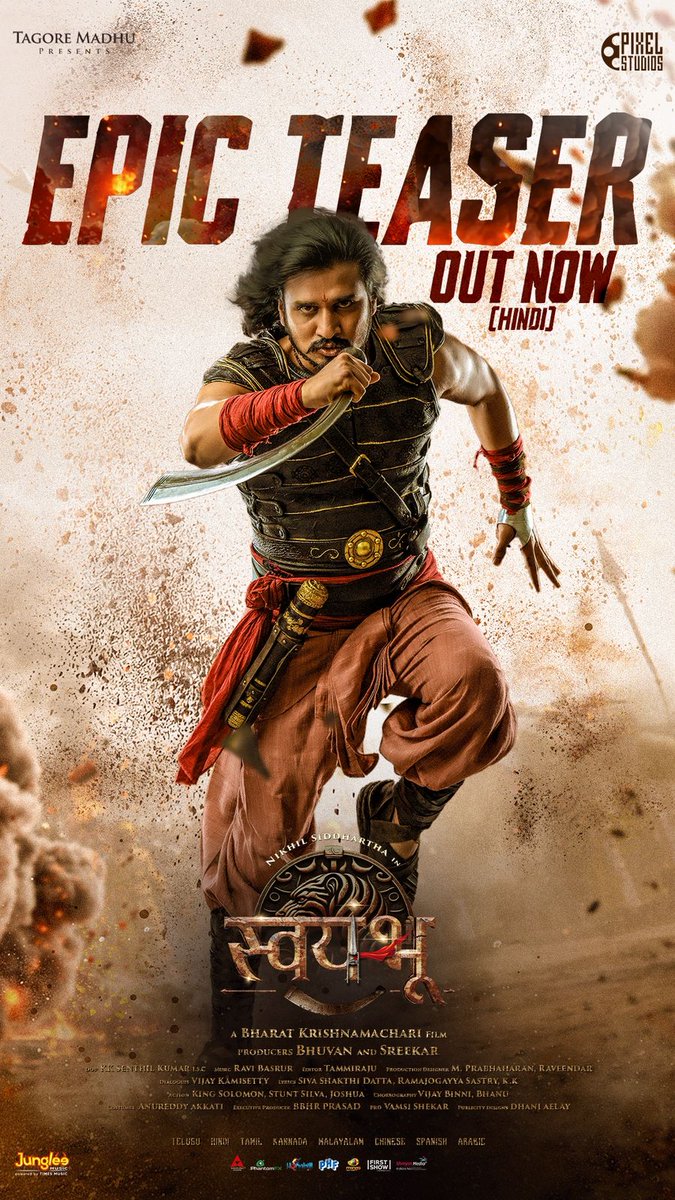 FilmyKhichdi's tweet photo. Watch #Swayambhu with Karthikeya- Nikhil Siddhartha explores an untold chapter of Indian culture through the story of the Sengol and righteous rule. Summer 2026 release.@actor_nikhil @iamsamyuktha_ @NabhaNatesh @krishbharat20 @DOPSenthilKumar @RaviBasrur @PixelStudiosoff https://t.co/4SBER1o7Ux