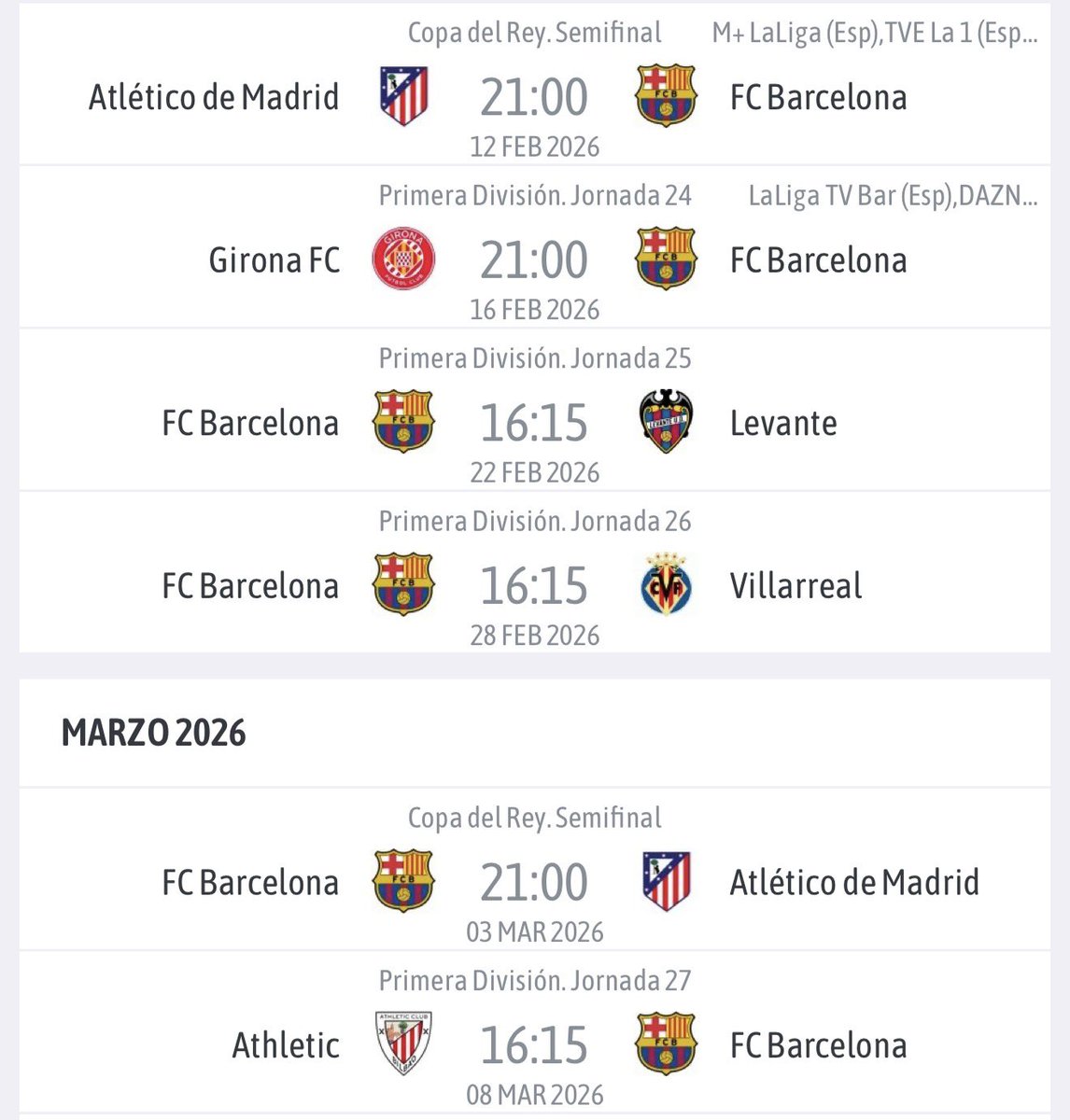 El Barça tendrá 3 partidos de liga seguidos a las 16:15H.