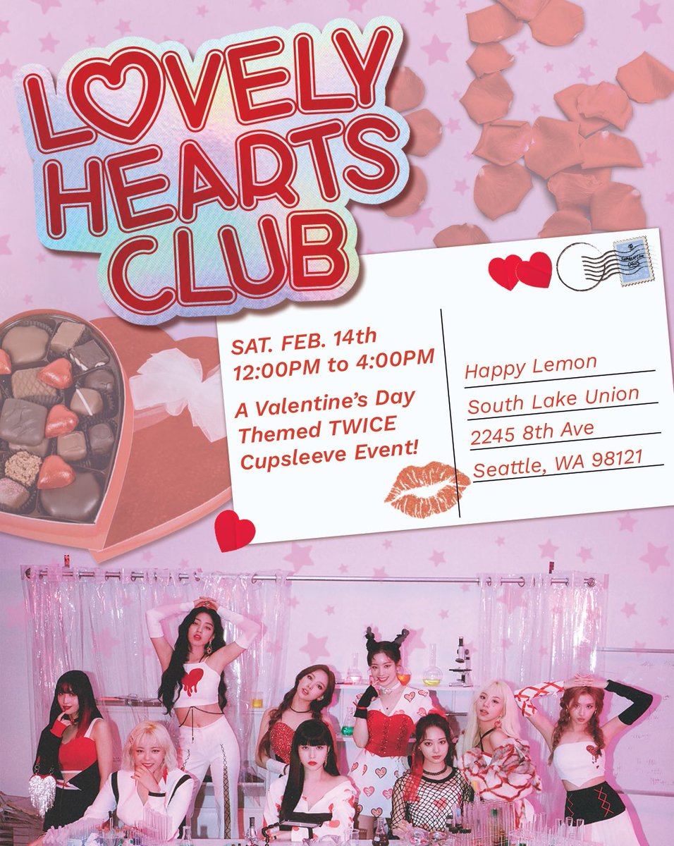 seattleonces's tweet photo. LOVELY HEARTS CLUB 💕

A Valentine’s Day themed TWICE cupsleeve event!

🗓️February 14th, 2026
🕛12PM - 4PM
📍Happy Lemon SLU 

Get a free cupsleeve package with Happy Lemon purchase while supplies last! 

Preorders open: https://t.co/Pp4dPCE5GX

#TWICE #THISISFOR #cupsleeveevent https://t.co/b7s78AGN3y