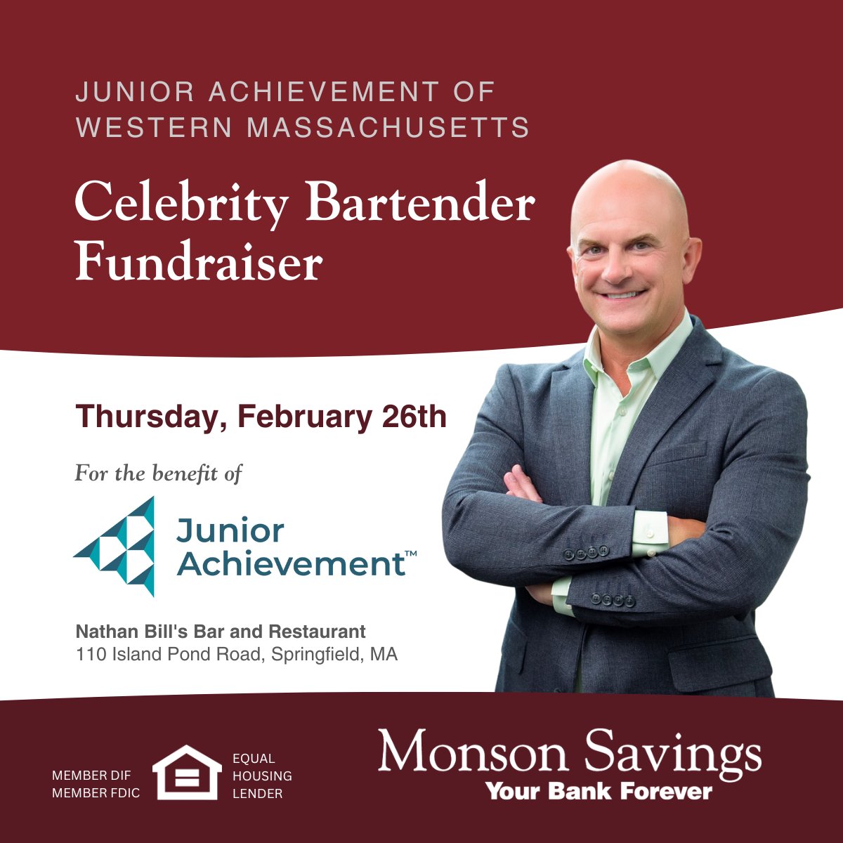 Save the date! 📅 Dan Moriarty, our President &amp; CEO, will be serving drinks at the Celebrity Bartender Fundraiser on February 26th at Nathan Bill’s. All proceeds support Junior Achievement. Stop by and show your support!