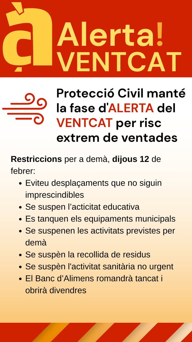 💨🚨Es manté la fase d'ALERTA VENTCAT per risc extrem de ventades. S'estableixen diverses restriccions per a demà dijous, 12 de febrer 👇

ℹ llam.cat/alertaventcat2…

#LliçàdAmunt