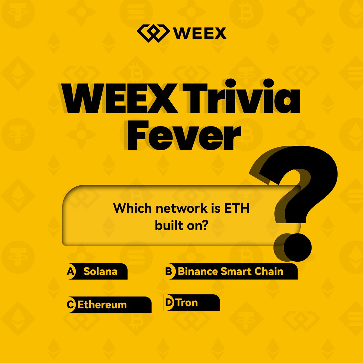 🚀WEEX Trivia Fever DAY 1

Answer daily crypto questions and stand a chance to win from the $500 prize pool 

To get started:
✅ Follow <a href="/WEEX_Africa/">WEEX Africa</a> &amp; turn on post notifications
🔁 Retweet this post
✅Tag 3 friends who are not following <a href="/WEEX_Africa/">WEEX Africa</a>
✅Drop your answer + UID