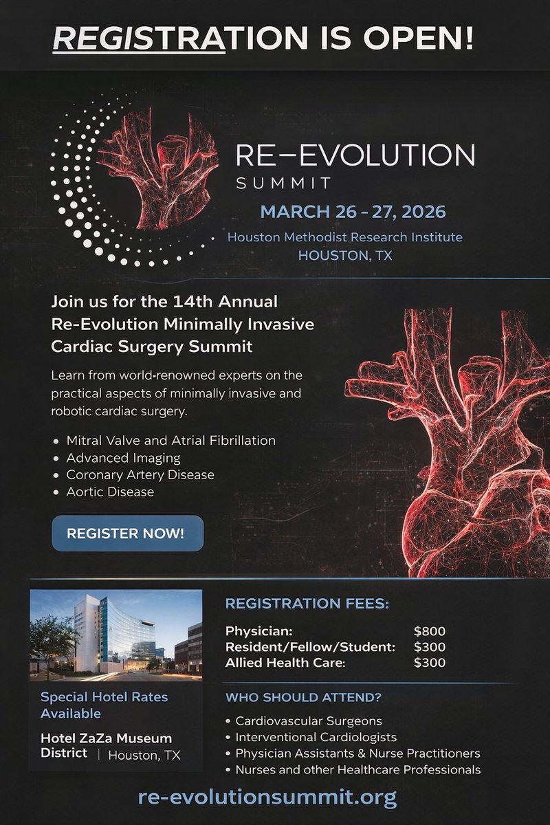 DeBakeyCVedu's tweet photo. 🚨 Registration is OPEN!
Join us for the 14th Annual Re-Evolution Minimally Invasive Cardiac Surgery Summit
📍 Houston, TX
📅 March 26–27, 2026
Hands-on labs • Live cases • Global expert faculty
🔗 https://t.co/jDsGUhOVEh

https://t.co/tMrYVtnVh1 https://t.co/4B0Rx5KXLx