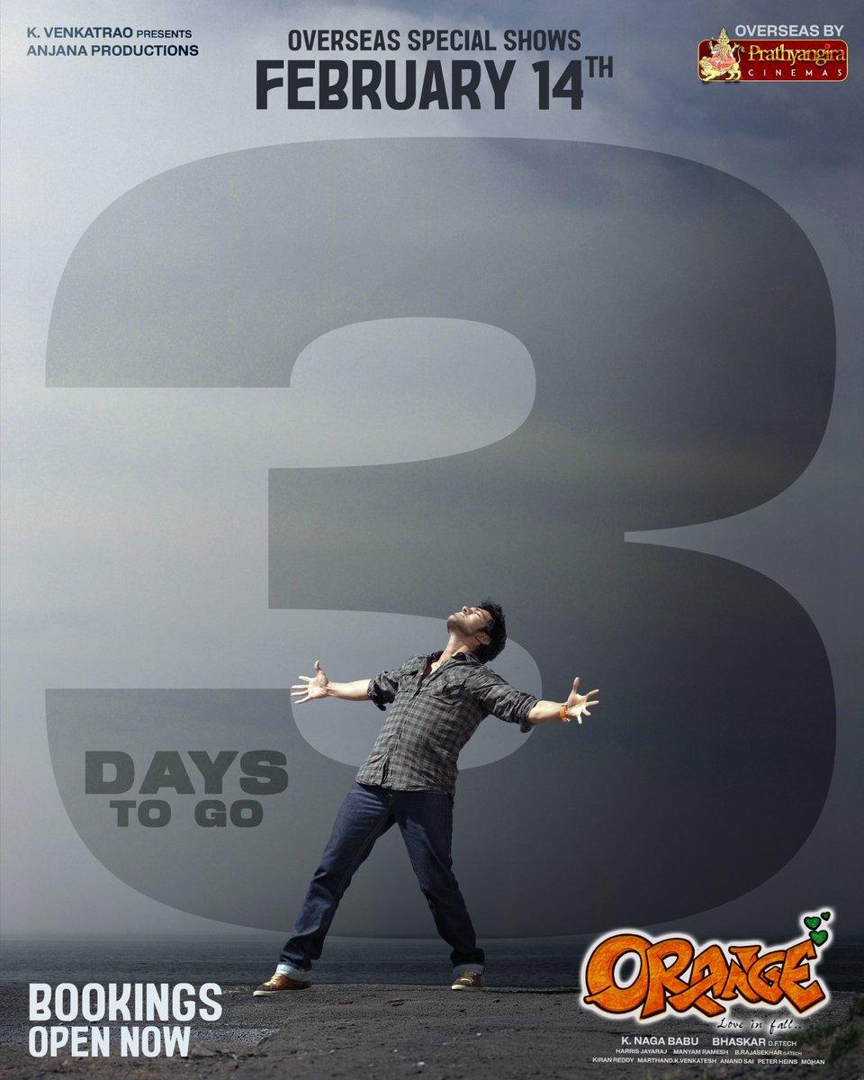 Premichina Ammayini Premistunnattu Natinchadam Maha Paapam...

3 days to go 🫶

One Day. Limited Shows. Grab your Tickets ASAP💥

#Orange4K Overseas Special Shows on Feb 14th by <a href="/PrathyangiraUS/">Prathyangira Cinemas</a> 🤗

<a href="/AlwaysRamCharan/">Ram Charan</a> <a href="/baskifilmz/">Bommarillu Baskar</a> <a href="/geneliad/">Genelia Deshmukh</a> <a href="/Jharrisjayaraj/">Harris Jayaraj</a> <a href="/Anjana_Prod/">Anjana Productions</a> <a href="/OrangeMovie4K/">Orange 4K</a>
