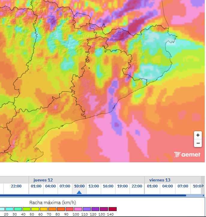 Els dos grans mesoscalars, HARMONIE i AROME recent actualitzats i segueixen mostrant de 100 a 120 km/h a la ciutat de Barcelona i gran part de l'AMB. Entre 08.00h i 11.00h del matí sembla el moment més crític d'intensitats màximes. Veurem! ⚠️💨MOLTA PRECAUCIÓ!💨⚠️
