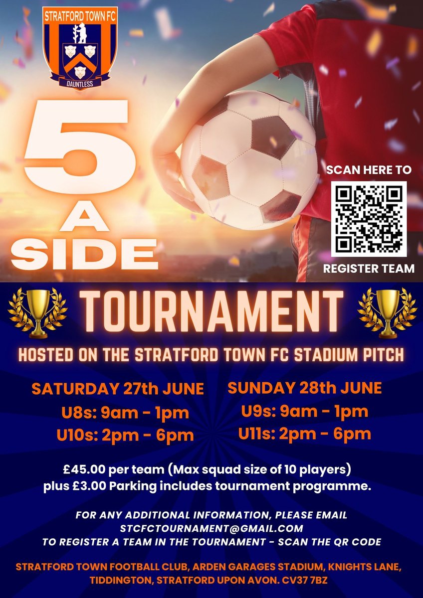 StratfordTownFC's tweet photo. COLTS TOURNAMENT 2026
The Bards are delighted to confirm the dates for their 5-a-side Tournament. Please book early to avoid disappointment . #Tournament #5aside #Bards https://t.co/rgZBul7Eok