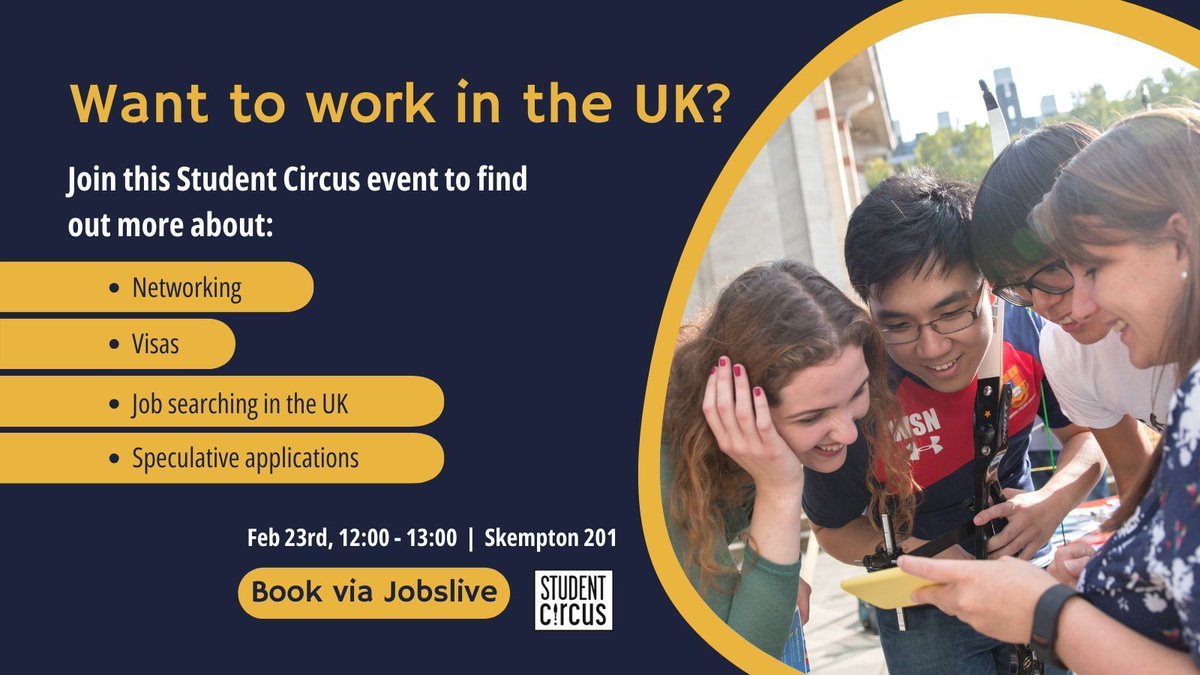 imperialcareers's tweet image. 🌍 International students! Want to work in the UK?
Join Student Circus for tips on navigating the UK job market! 
📍 Skempton 201, South Kensington, Monday 23 February, 12.00 - 13.00
👥 In person | 122 seats
🔗 Book via JobsLive

#InternationalStudents #UKJobs #StudentCircus