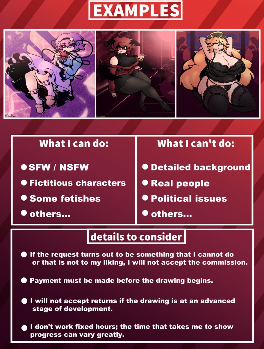 COMMISSIONS OPEN! If you are interested, you can contact me by private message.