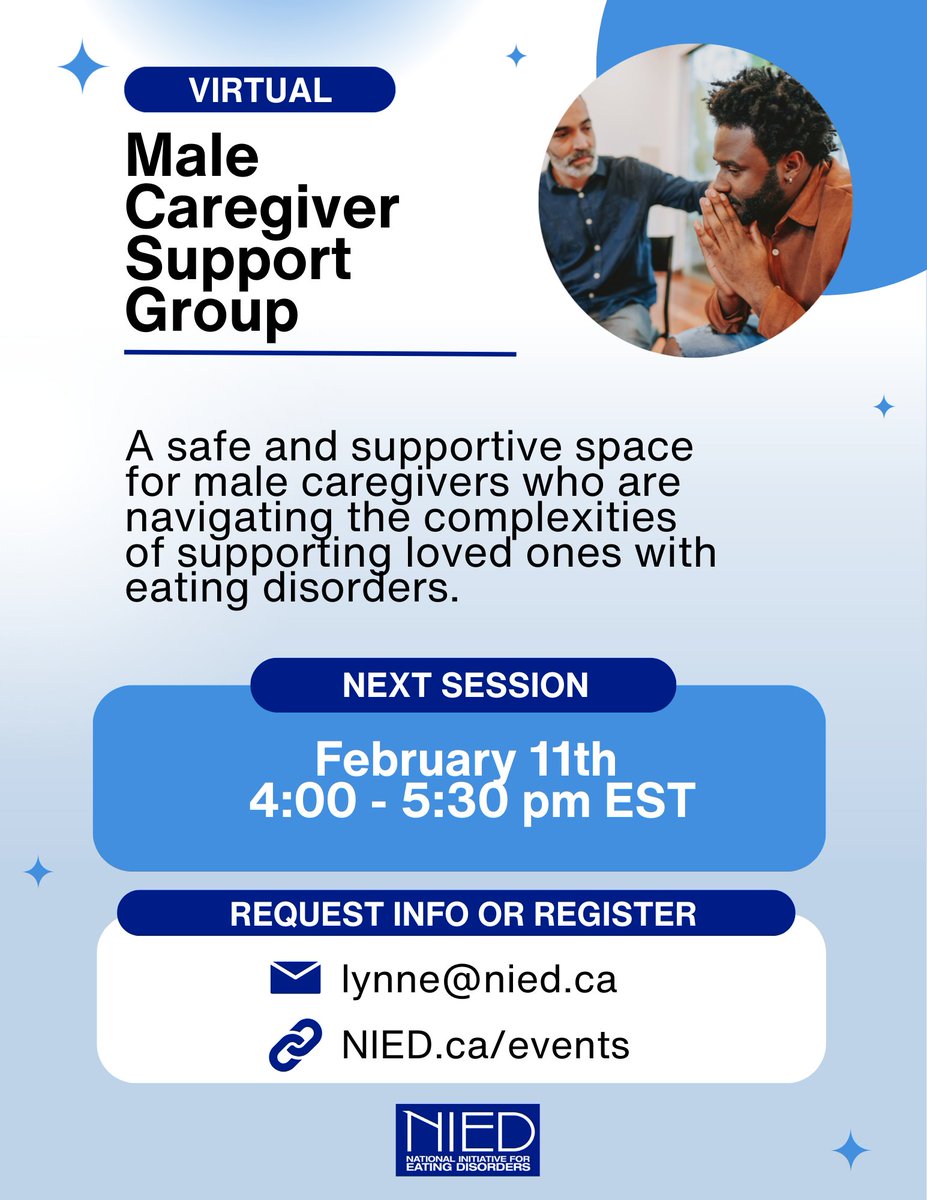 Reminder: our next male caregiver support group is tonight from 4:00 - 5:30 pm EST!

💻 You can register for all of our support groups and events at NIED.ca/events