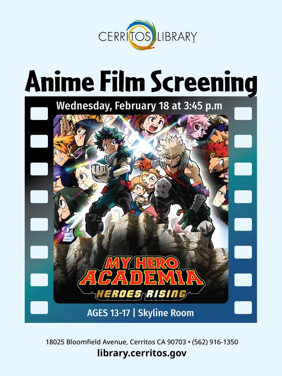 Join us at 3:45 p.m. on Wednesday, February 18 for an Anime Film Screening of My Hero Academia. This film is rated PG-13 and has a running time of 104 minutes. Japanese snacks will be provided while supplies last. Ages 13-17.