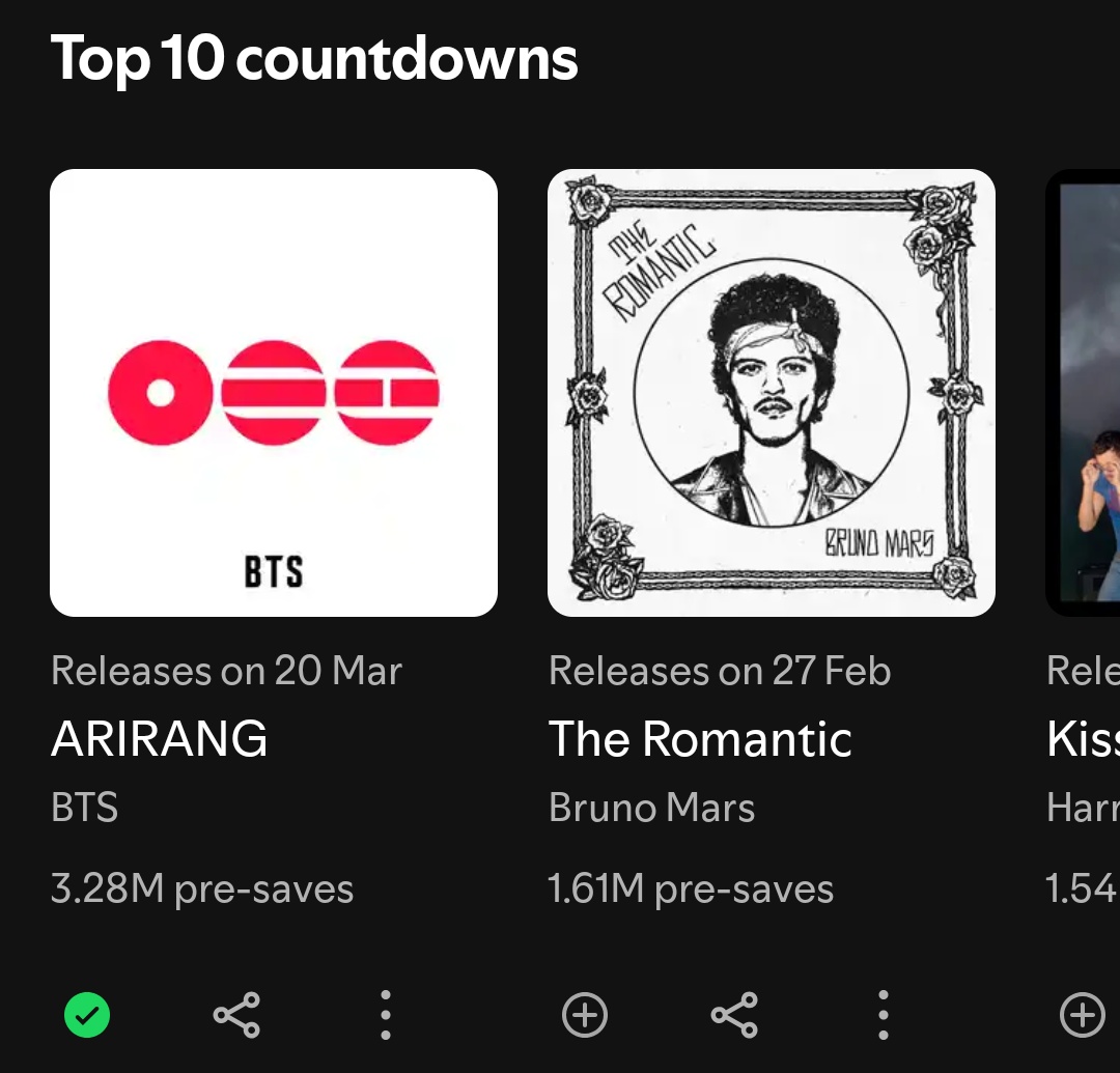 ARIRANG has surpassed 3.28M (+40K) pre-saves on Spotify Top 10 Countdown, at #1.

#BTS_ARIRANG