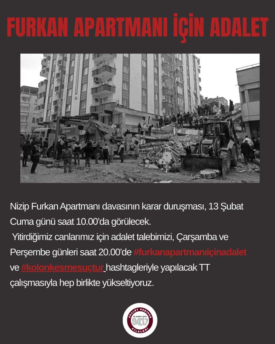 Bir daha kimse kolon kesilmiş bir binada yaşamını yitirmesin diye buradayız.

#furkanapartmanıiçinadalet
#kolonkesmesuçtur