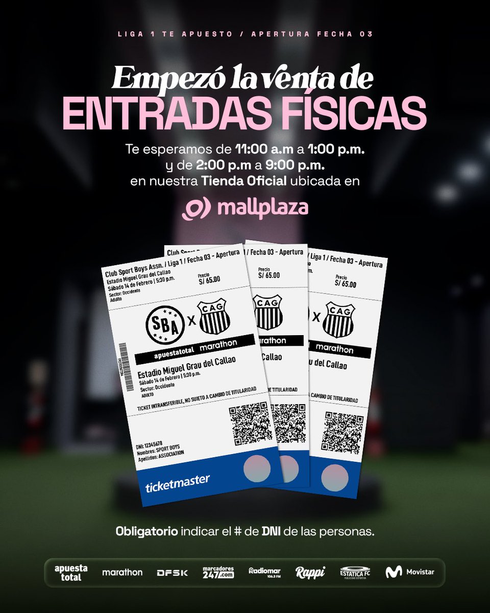 🎟️ ¡Empezó la venta de entradas físicas!

📍 Te esperamos en nuestra Tienda Oficial – Mallplaza Bellavista
🕚 11:00 a.m. – 1:00 p.m.
🕑 2:00 p.m. – 9:00 p.m.

Entradas también disponibles en ticketmaster.pe/event/sba-vs-a…  🎟️ 

#VamosBoysTodaLaVida