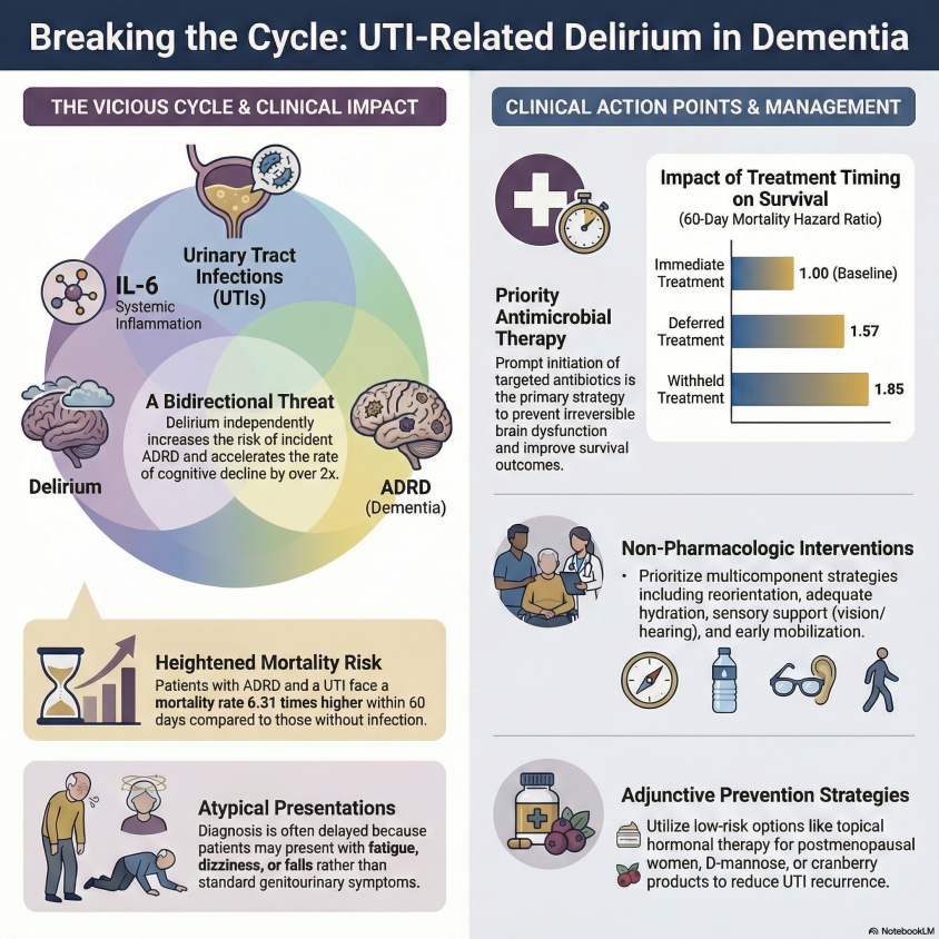 A_MacLullich's tweet photo. New review in Alzheimer's & Dementia on UTI-related delirium in dementia.

Key tension: UTIs are overdiagnosed as causing delirium. 

But they're also a genuine and common trigger, especially when the patient can't report symptoms.

60-day mortality 6.31x higher. Delayed Abx treatment: HR 1.57. Abx withheld: 1.85.

We need to hold two ideas at once: stop reflexive urine-dipping AND take UTI seriously when delirium is the presenting feature.

Kim S et al. Alzheimer's Dement. 2026;22:e71184

#Dementia #MedTwitter