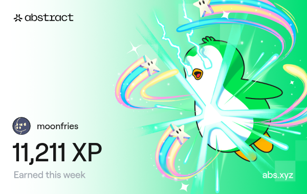 moonfries_eth's tweet photo. I just earned 11,211 XP on @AbstractChain! 🎉 https://t.co/mRNba0G0QY