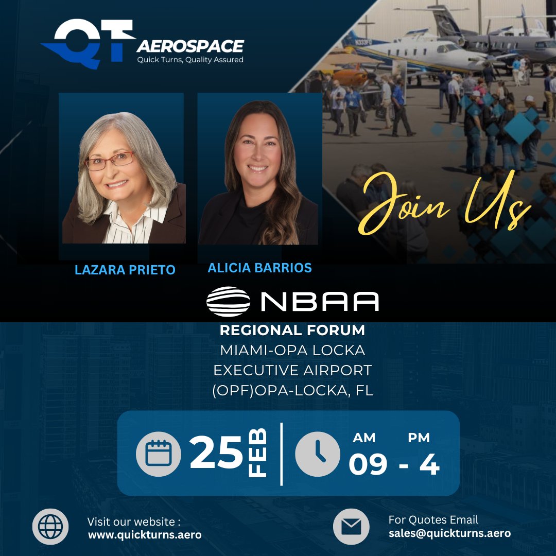 quickturnsaero's tweet photo. QT Aerospace will be at the NBAA Miami–Opa locka Regional Forum on Feb 26.

Meet Lazara Prieto &amp; Alicia Barrios to discuss your composite repair needs and how we keep aircraft performing at their best. ✈️

#QTAerospace #NBAA #CompositeRepair #BusinessAviation https://t.co/wUUd1xMVlZ