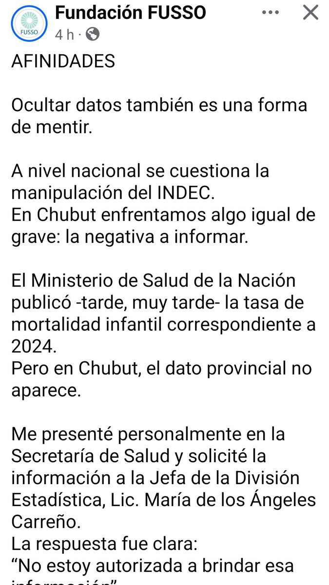 CHUBUT__News's tweet photo. La Jefa de la División  Estadística-Secretaría Salud, Lic. María de los Angeles CARREÑO negó datos sobre la MORTALIDAD INFANTIL en #Chubut al Dr Fernando URBANO.
"La respuesta fue clara: NO ESTOY AUTORIZADA A BRINDAR ESA INFORMACIÓN."
▪️IMPERDIBLE LECTURA 👇 https://t.co/trBOOy9oym