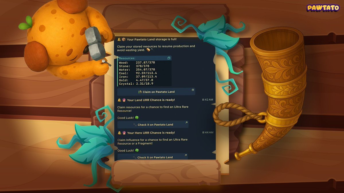 𝗣𝗮𝘄𝘁𝗮𝘁𝗼 𝗟𝗮𝗻𝗱 𝗡𝗼𝘁𝗶𝗳𝗶𝗰𝗮𝘁𝗶𝗼𝗻𝘀 - 𝗥𝗲𝗯𝘂𝗶𝗹𝗱𝗶𝗻𝗴! 🚀

We’re excited to announce that the first set of notification alerts is officially restored!

𝗪𝗵𝗮𝘁’𝘀 𝗕𝗮𝗰𝗸 𝗢𝗻𝗹𝗶𝗻𝗲: 
📦 Storage Full 
🔮 Land URR Chance 
🦸 Hero URR Chance

And we’re not