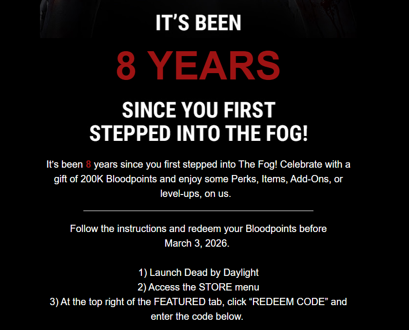 minty_oolong's tweet photo. "congrats on being with us for 8 years. here, have some spit on your face." 
just a reminder, you give 250k every 6 days with "free gift", @DeadbyDaylight 
this is literally worse than not acknowledging it at all https://t.co/l19N7kKAAj