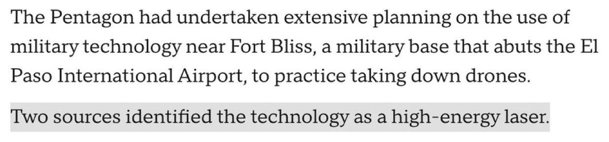 NEW: High-energy laser system was tested near Fort Bliss during the 10-day El Paso airspace shutdown.

The technology was used to practice taking down drones.

This would directly explain the extended airspace denial, the “national defense” designation, and why local officials