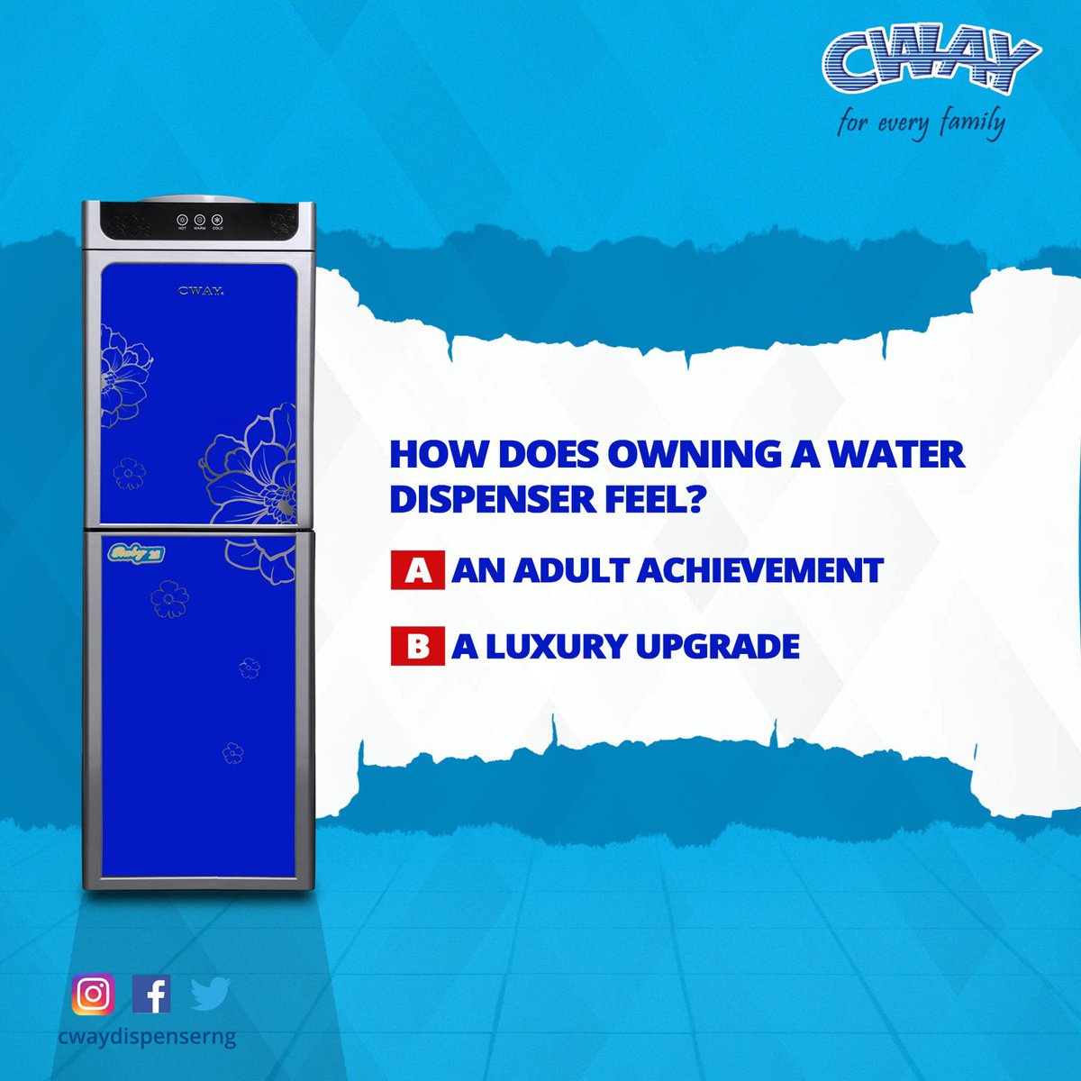 How does owning a water dispenser feel to you? 💧

Is it that proud ‘I’ve got my life together’ adult achievement 🏆, or a smooth luxury upgrade😌? 

With style, convenience, and hot or cold water always ready, owning a dispenser is a choice you will enjoy every day 💙

#CWAY