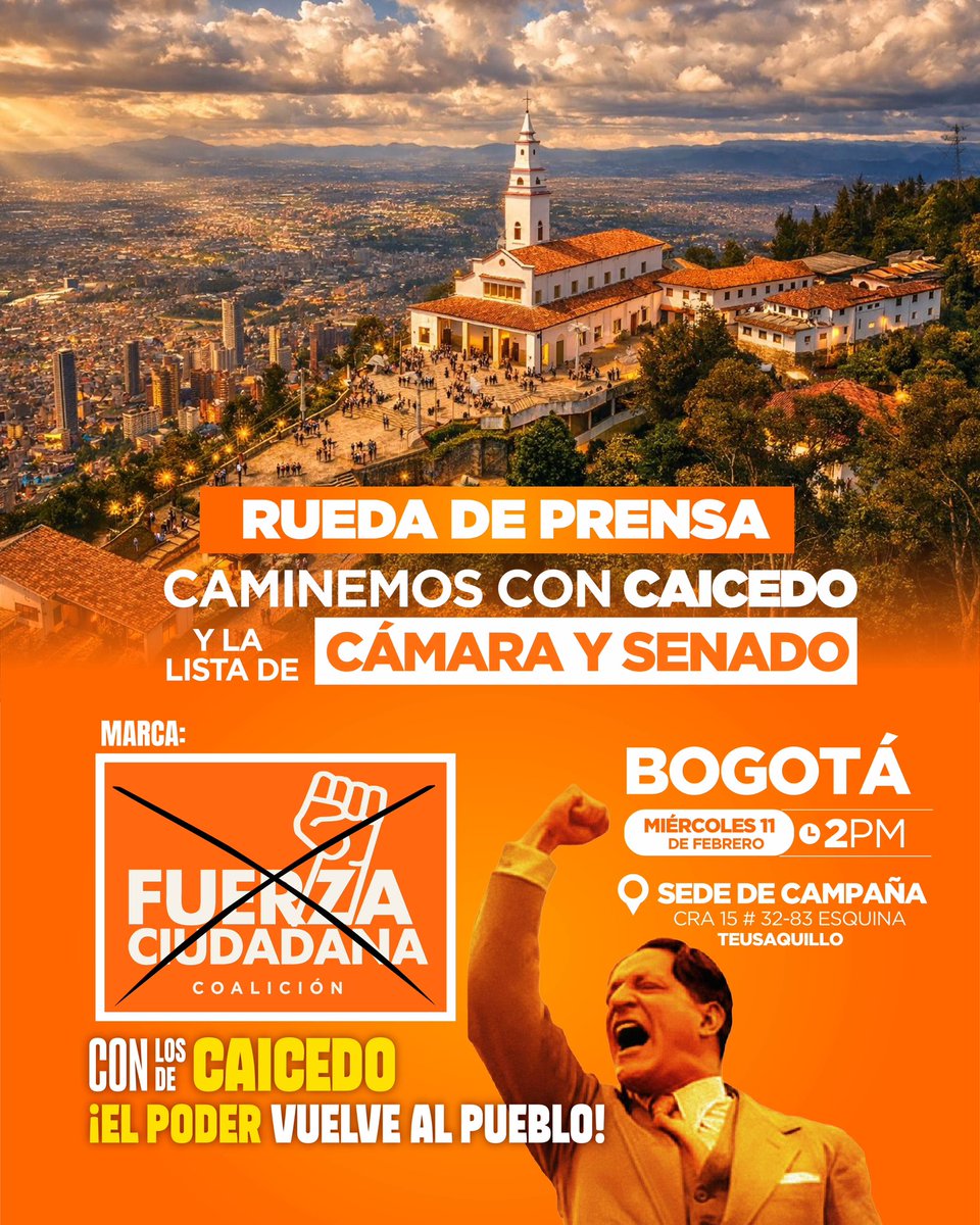¡Con Caicedo el poder vuelve al pueblo! Conéctense a la rueda de prensa Caminemos con Caicedo y la lista de Cámara y Senado desde Bogotá. 

Hora: 02:00pm por las redes de Carlos Caicedo y Fuerza Ciudadana. 

#FuerzaCiudadana