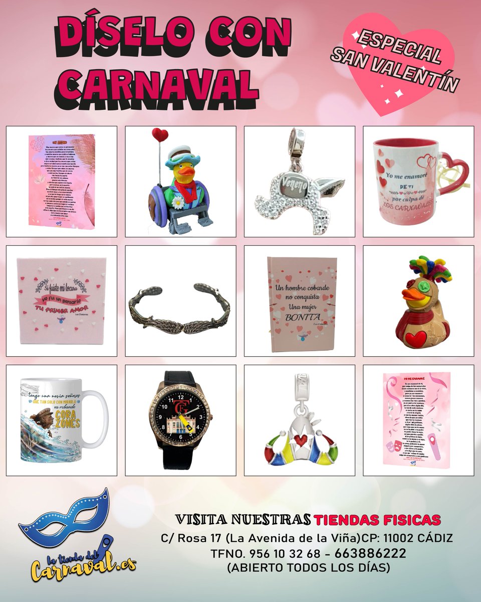 🎭❤️ Este San Valentín… ¡díselo con Carnaval! ❤️🎭

Sorprende con un detalle divertido y lleno de color de La Tienda del Carnaval.

💘 Más original, más alegre… ¡más inolvidable!

latiendadelcarnaval.es

#SanValentín #latiendadelcarnaval #cadiz #carnavaldecadiz  🎉💕