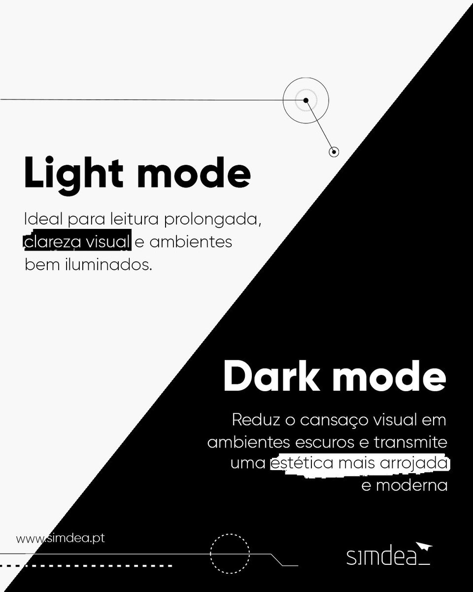 simdea_pt's tweet photo. Dark ou light mode? A escolha certa vai muito além da estética.  

Decidir deve ser uma decisão estratégica, não uma preferência pessoal. 

Queres saber qual o modo ideal para o seu site ou plataforma? Fala connosco. https://t.co/9x9FlBrSNM