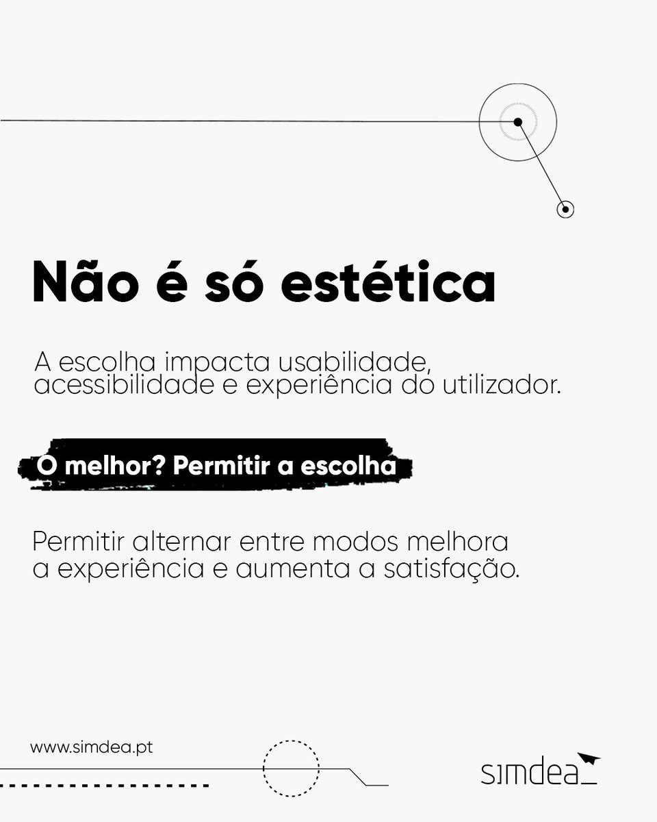 simdea_pt's tweet photo. Dark ou light mode? A escolha certa vai muito além da estética.  

Decidir deve ser uma decisão estratégica, não uma preferência pessoal. 

Queres saber qual o modo ideal para o seu site ou plataforma? Fala connosco. https://t.co/9x9FlBrSNM