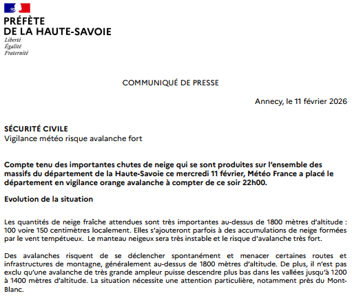 Image de Préfète de la Haute-Savoie - Météo France a placé le département en vigilance🟠"Avalanche" à compter de ce soir 22h00. Le risque