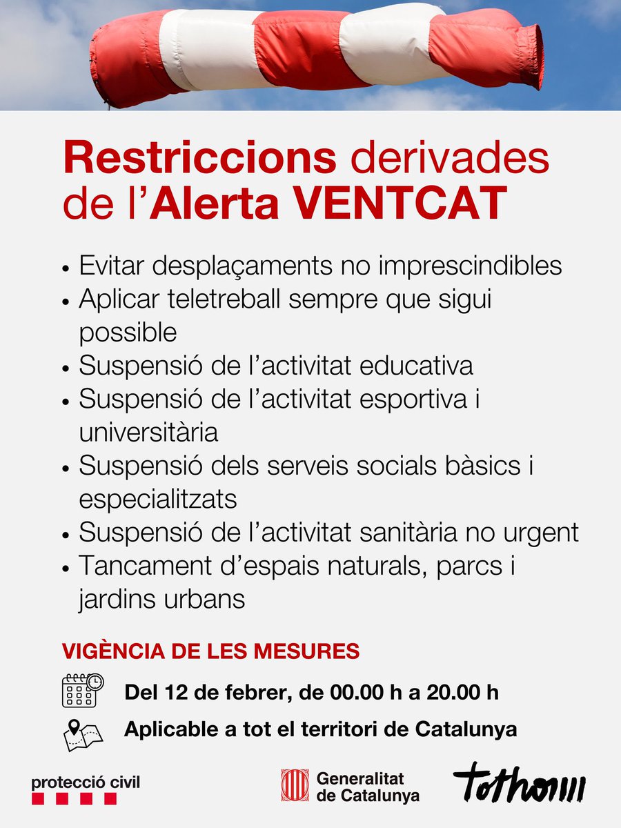 ⚠️💨 Hola família, davant la previsió de fortes ventades a tot Catalunya i l’activació del pla especial d’emergències per risc de vent (VENTCAT). 

👉Demà dijous els centres escolars estaran tancats i no hi haurà activitats extraescolars.

Cuideu-se i ens retrobem divendres 😊