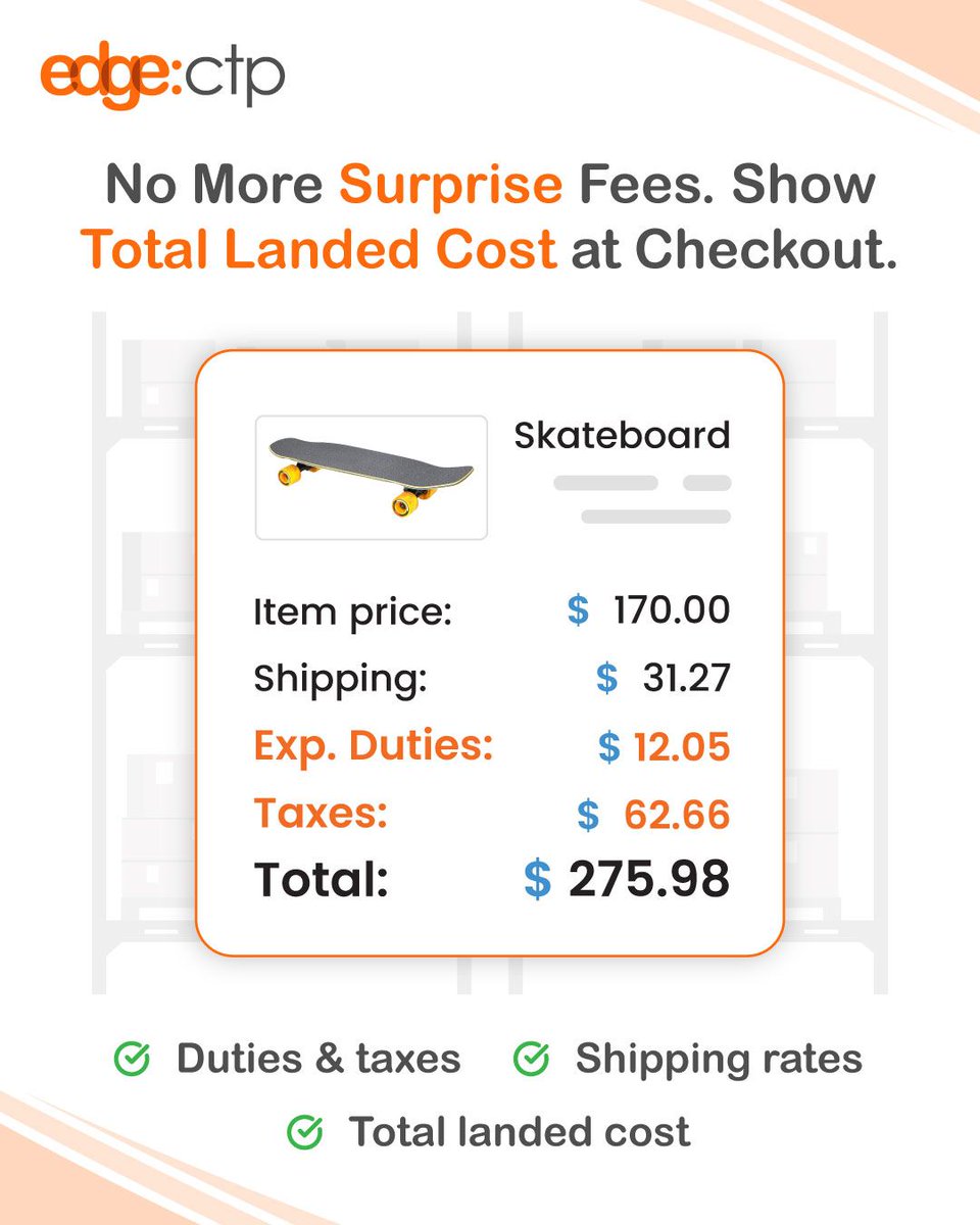 Surprise fees at delivery = lost customers 📦 

Unexpected duties &amp; taxes kill international conversions. Hidden costs, delays, pricey returns, and lost trust. The fix? Show full landed cost at checkout. EdgeCTP calculates it automatically. 

#CartAbandonment #eCommerce #edgectp