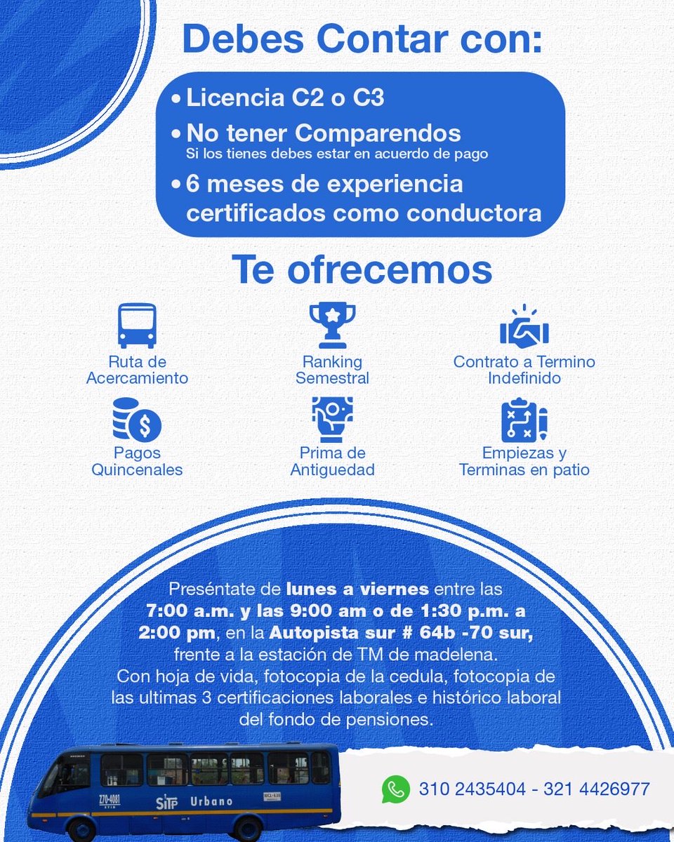 🚍 ¡Vincúlate a ETIB como Operadora!

Si buscas estabilidad laboral y crecimiento profesional, esta es tu oportunidad.

💰 Promedio salarial: $2.750.000
📲 Info: 310 243 5404 – 321 442 6977

#ETIB #ConvocatoriaLaboral #EmpleoBogotá #Operadora #Vacantes #TrabajoSíHay
