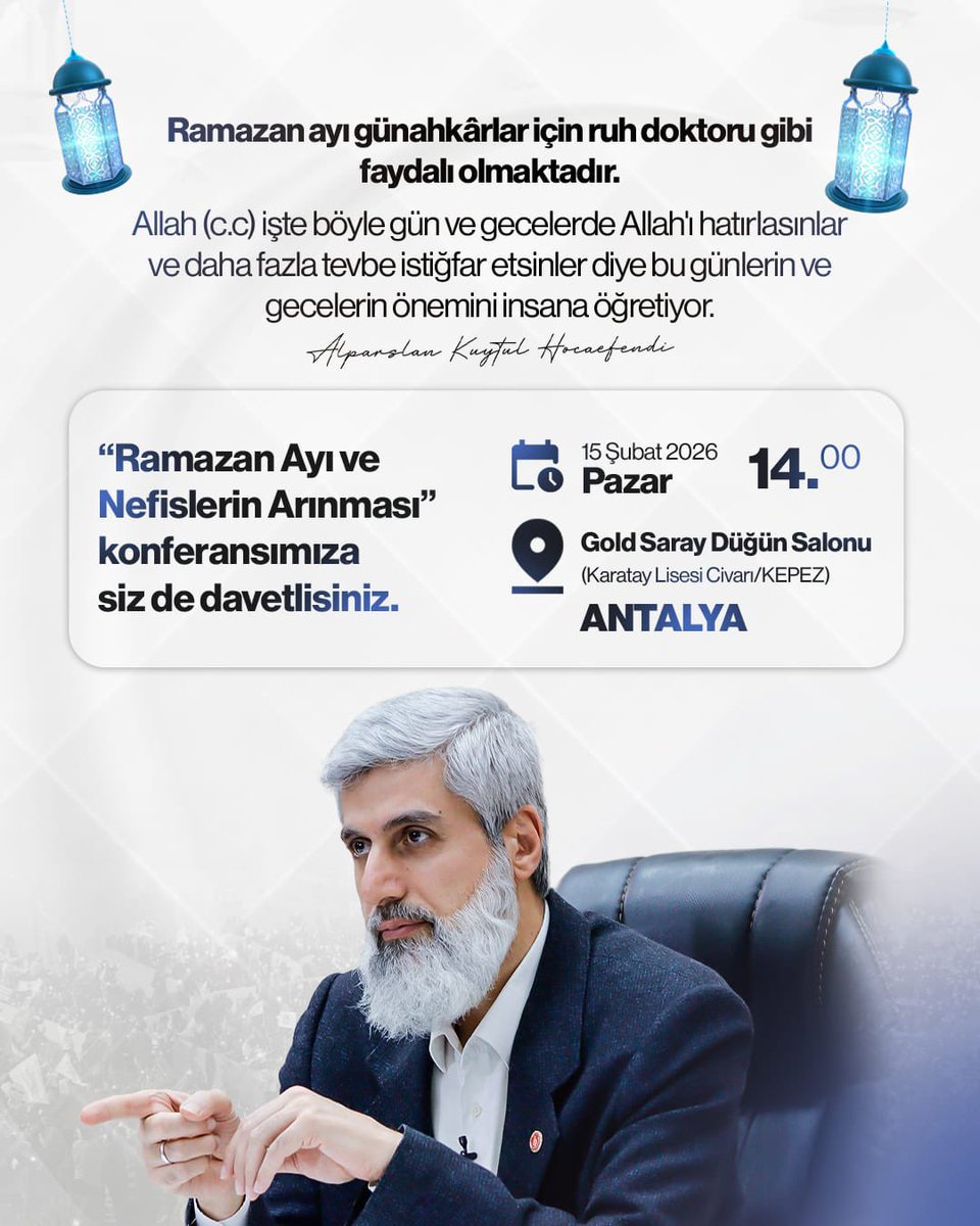 Ramazan ayının önemini Alparslan hocamdan dinlemek isteyen herkes davetlidir.
Ramazan öncesi 🤌🏻
AlparslanHoca AntalyayaGeliyor
#FurkanKonferansları