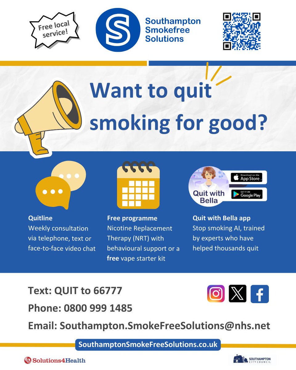 We have 3 different ways to contact for support to quit smoking. Our support can be in-person, over the telephone or through text. For independent quits, try the 'Quit with Bella' AI app for 24/7 support. 

☕See us at @roundaboutcafe next Monday.

#southapton #stopsmoking #free
