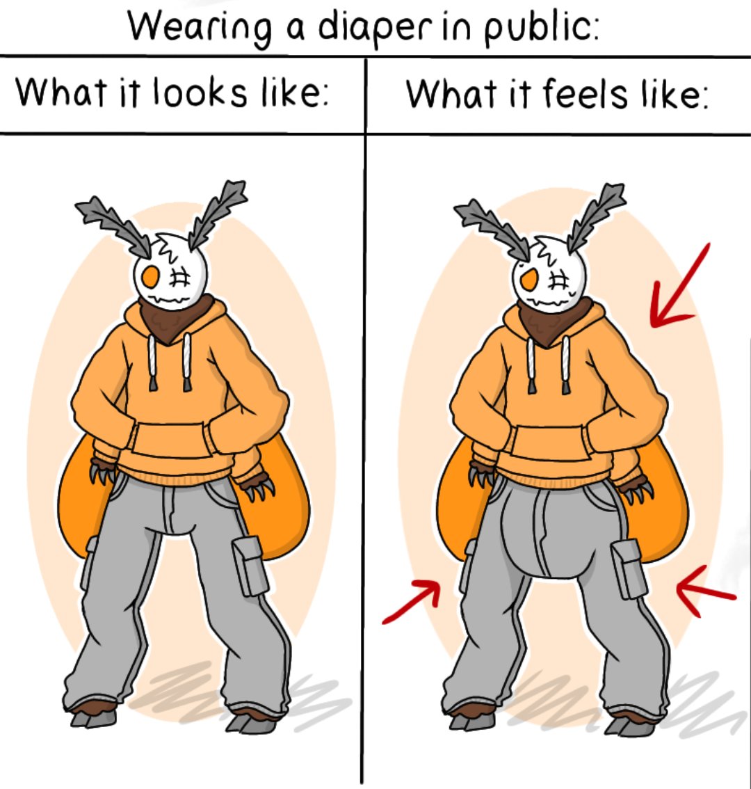 Hey, It's been a minute

I saw a post like this before, but I couldn't find the original post, if you guys have it or know who does please lemme know!!!

Regardless, it inspired me to kinda make my own :3

Wearing a diaper in public be like:

#Diaper #abdl