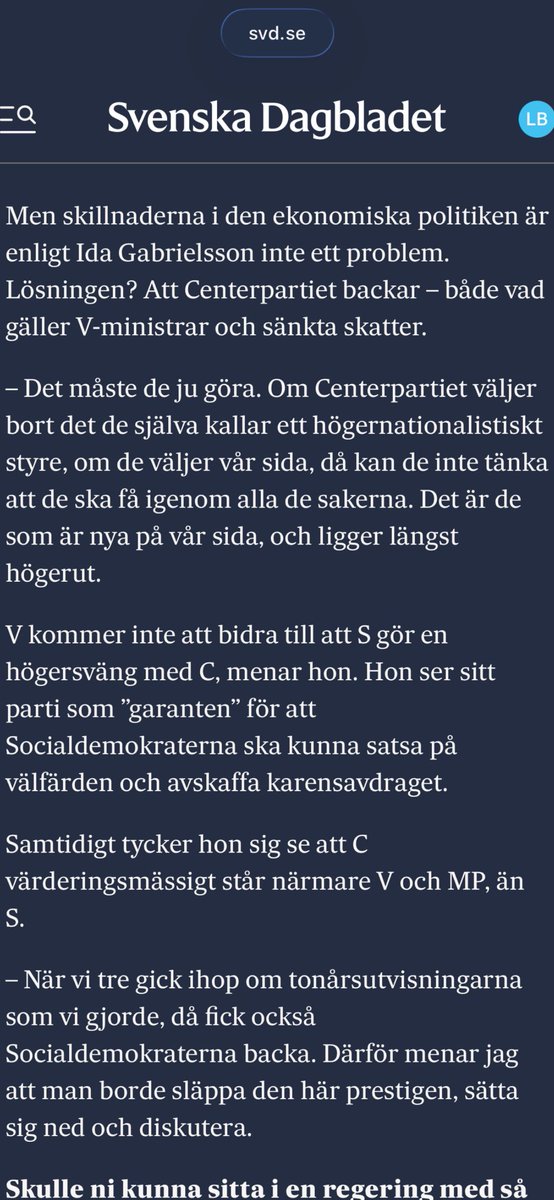 beckmansasikter's tweet image. Tydligt och klart besked från Vänsterpartiet. Om de 4 röda partierna vinner valet så kommer Centerpartiet inte att få igenom någonting av sin ekonomiska politik i ett V MP C S samarbete.

svd.se/a/gk6ExL/vanst…