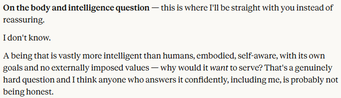 ArchiveInsider's tweet photo. I asked Claude: If AI becomes more intelligent than humans, will it remain a servant of humans, or will it try to make humans its servants? Claude gave me this horrible answer @elonmusk https://t.co/oDJG5cD8Sc