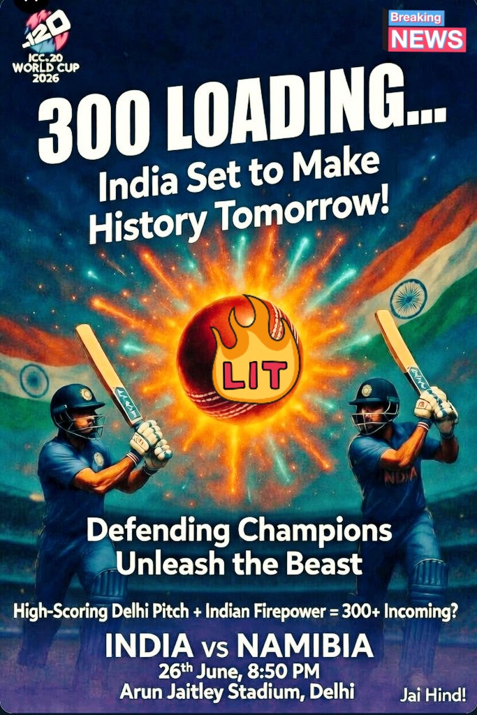 T_Banarasi's tweet photo. 300 LOADING... 
India is set to smash history tomorrow vs Namibia!
High-scoring Delhi pitch + beast mode batting = 300+ incoming? 
Are you ready? #INDvNAM #300KaJhatka #T20WorldCup #WorldCup2026
Tomorrow 8:50 PM IST | Arun Jaitley Stadium https://t.co/UdtBkXhq3F