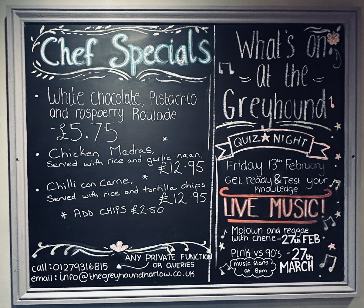 TheGreyhounduk's tweet photo. Fancy our Chef Specials? 🍴 Wondering what’s on at The Greyhound? ✨
🍰 White Chocolate, Pistachio &amp; Raspberry Roulade – £5.75
🍛 Chicken Madras (with rice &amp; garlic naan) – £12.95
🌶️ Chilli Con Carne (with rice &amp; tortilla chips) – £12.95
➕ Add chips for £2.50 🍟
#Harlow https://t.co/N9auamRRb9