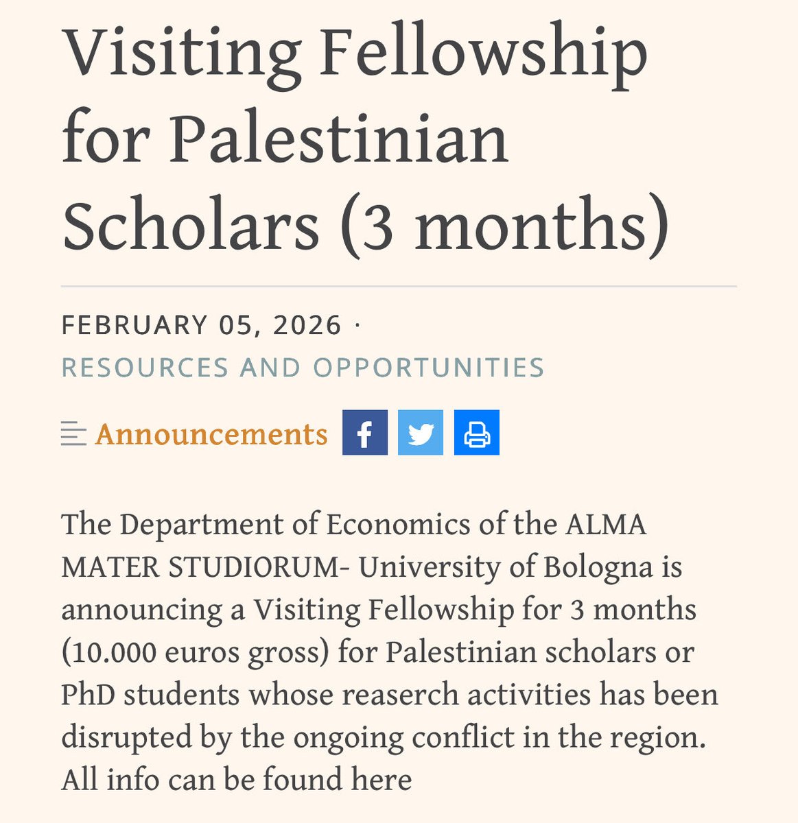 A visiting fellowship for Palestinian scholars is available at the University of Bologna. bandi.unibo.it/s/dse/call-for…