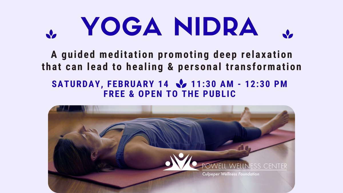PWC_Culpeper's tweet photo. Free Yoga Nidra session Saturday 2/14, 11:30 am-12:30 pm! This is a guided meditation leading to deep relaxation. All levels of fitness &amp; familiarity with yoga are welcome! Please pre-register: 540-445-5406. Details: https://t.co/vwtDvVnyU3 https://t.co/mc5a2nv9pR
