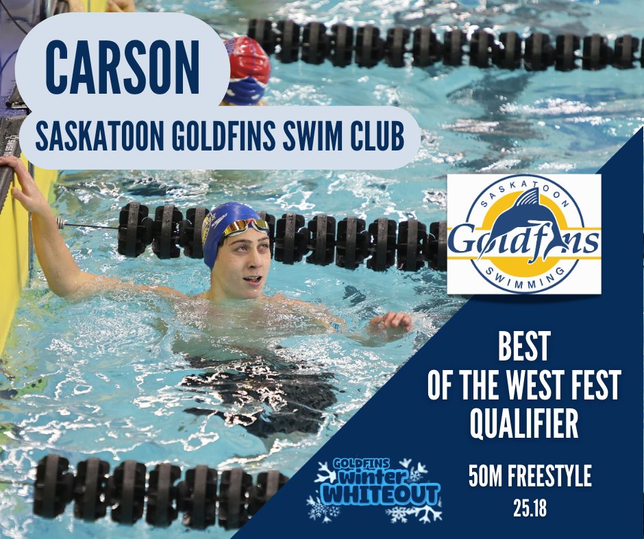 🎉🏊‍♂️ Congrats to Carson for nailing the Best of the West Fest LC QT with a 50M Freestyle of 25.18 at the 2026 Goldfins Winter Whiteout! 🚀 This PB secures a spot on the Goldfins for the Western Canadian competition in Winnipeg this April.  💪👏 #GoldfinsRacing
