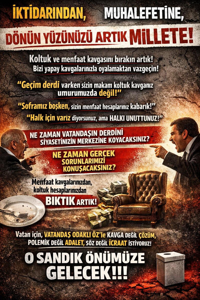 📣İKTİDARINDAN, 
📣MUHALEFETİNE,

Dönün yüzünüzü artık MİLLETE!

Eğer gerçekten halk için siyaset yapıyorsanız, şu bitmeyen koltuk ve menfaat kavgalarınızı bir kenara bırakın artık.

Biz sizin birbirinize attığınız laflardan, ekranlarda sahnelenen yapay öfkelerden bıktık!

Millet