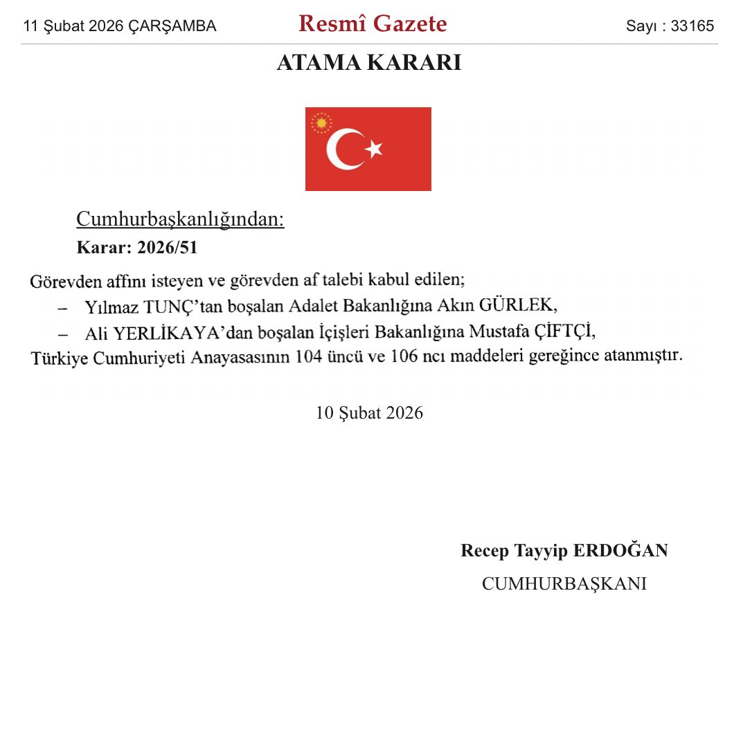 Bugüne kadarki hizmetleri için Sayın Yılmaz Tunç’a ve Sayın Ali Yerlikaya’ya teşekkür ediyoruz.
Yeni Adalet Bakanımız Akın Gürlek’i ve İçişleri Bakanımız Mustafa Çiftçi’yi tebrik ediyoruz.

Allah muvaffak etsin.

<a href="/miamustafacftci/">Mustafa ÇİFTÇİ</a> <a href="/abakingurlek/">Akın Gürlek</a> 
#MustafaÇiftçi #Akıngürlek